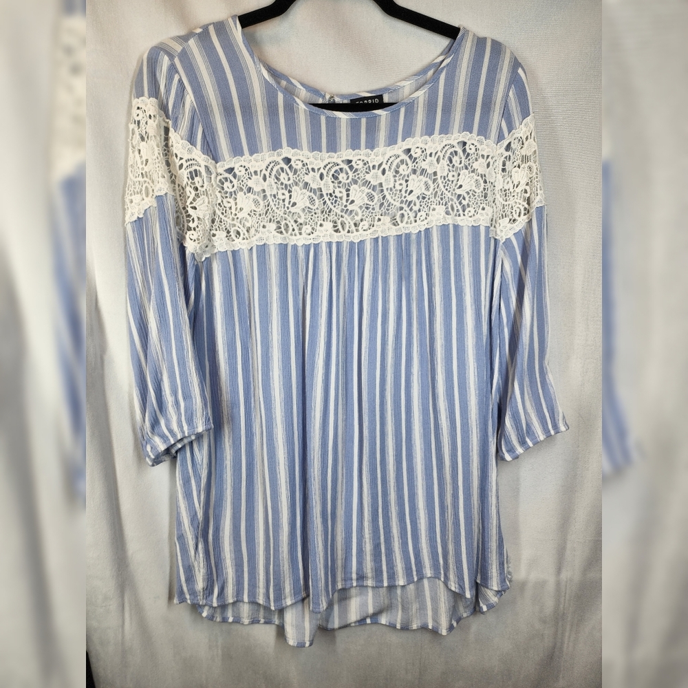 Torrid Blue and White Striped Top with Lace Detail